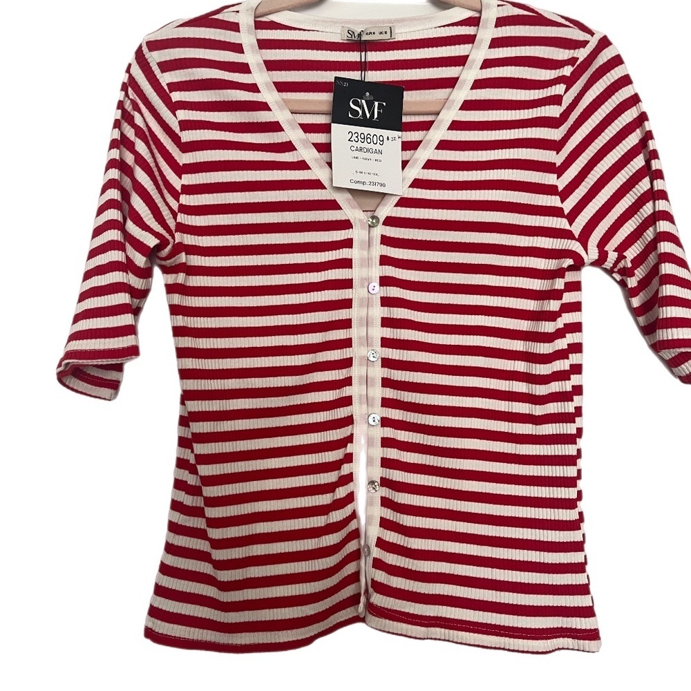 NWT V Neck Paris Strip Button Front Beach Weekend casual Shirt Cardigan